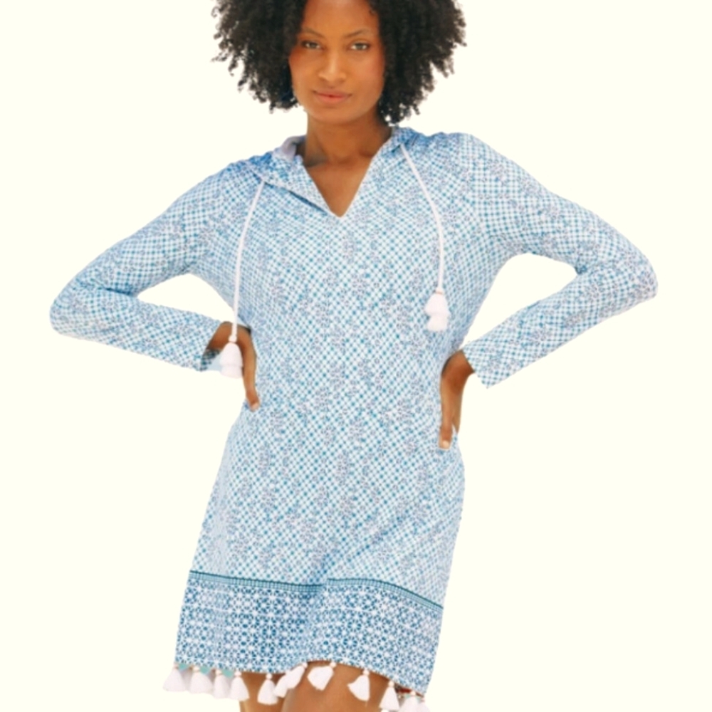 Cabana Life Blue/White Hooded-Tassels Cover Up Long Sleeve Mini Upf 50+